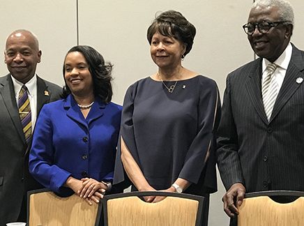 (from left to right) Dr. Elwood L. Robinson: Chancellor, Winston-Salem State University; Dr. Karrie G. Dixon: Interim Chancellor, Elizabeth City State University; Dr. Phyllis Worthy Dawkins: President, Bennett College; and Dr. Jimmy R. Jenkins Sr.: President, Livingstone College.