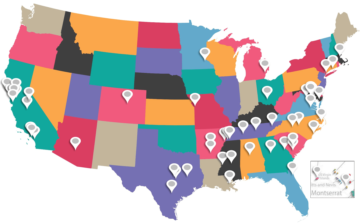 map of United Staes show location of SaadandShaw clients from coast to coast
